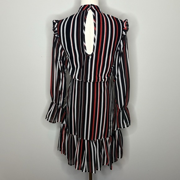 Area Stars Striped Long Sleeve Ruffle Mini Dress XS Black White Red - Picture 2 of 11